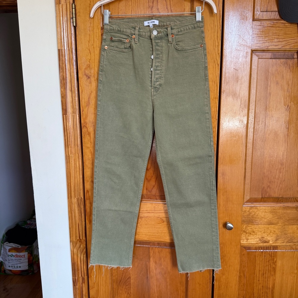 Re/Done Women's 70s High Rise Stove Pipe Raw Cropped Jeans Washed Sage size 28